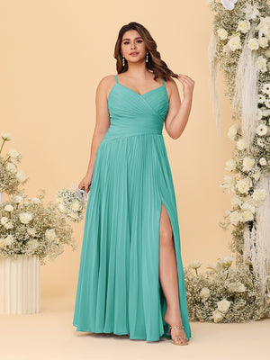 A-Line/Princess Spaghetti Straps Sleeveless Ruched Bridesmaid Dresses with Side Slit