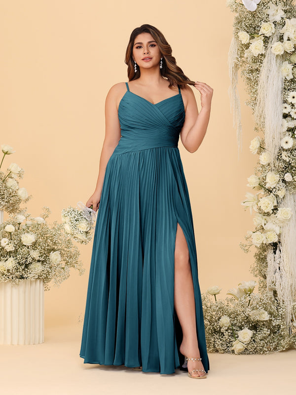 A-Line/Princess Spaghetti Straps Sleeveless Ruched Bridesmaid Dresses with Side Slit