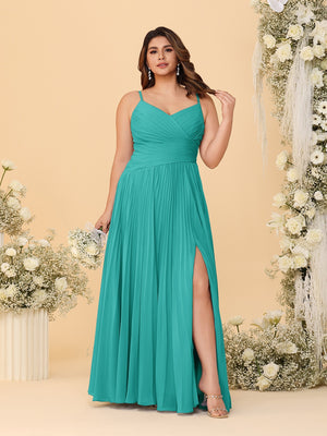 A-Line/Princess Spaghetti Straps Sleeveless Ruched Bridesmaid Dresses with Side Slit