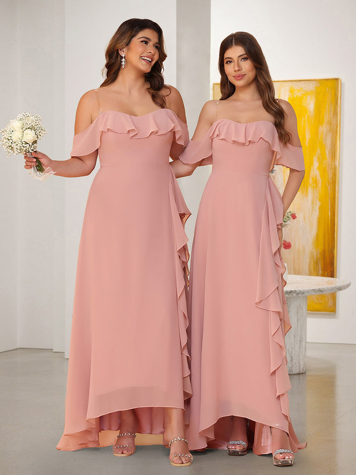 A-Line/Princess Off-the-Shoulder Spaghetti Straps Sleeveless Bridesmaid Dresses with Ruffles