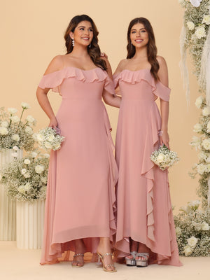 A-Line/Princess Off-the-Shoulder Spaghetti Straps Sleeveless Bridesmaid Dresses with Ruffles