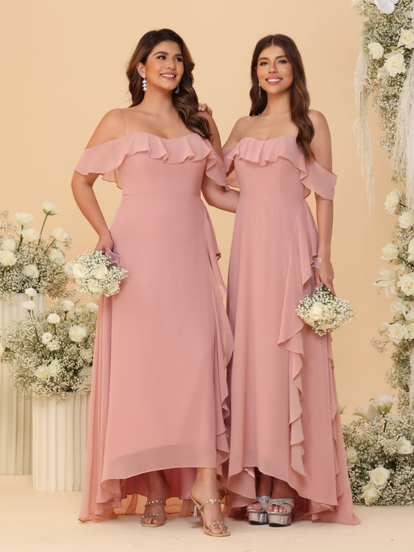 A-Line/Princess Off-the-Shoulder Spaghetti Straps Sleeveless Bridesmaid Dresses with Ruffles