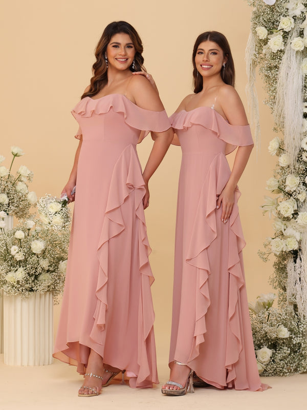 A-Line/Princess Off-the-Shoulder Spaghetti Straps Sleeveless Bridesmaid Dresses with Ruffles