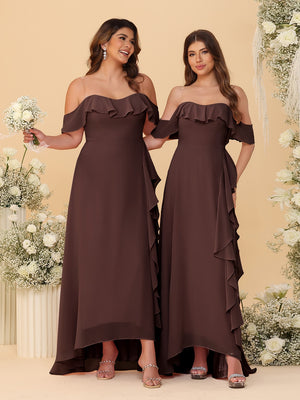 A-Line/Princess Off-the-Shoulder Spaghetti Straps Sleeveless Bridesmaid Dresses with Ruffles