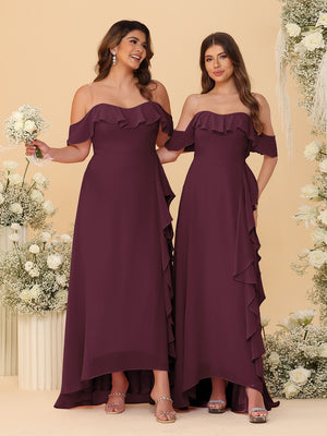 A-Line/Princess Off-the-Shoulder Spaghetti Straps Sleeveless Bridesmaid Dresses with Ruffles
