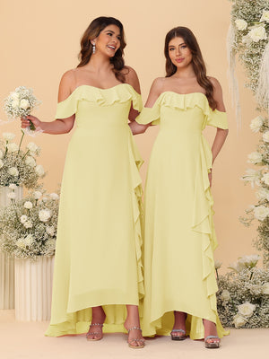 A-Line/Princess Off-the-Shoulder Spaghetti Straps Sleeveless Bridesmaid Dresses with Ruffles