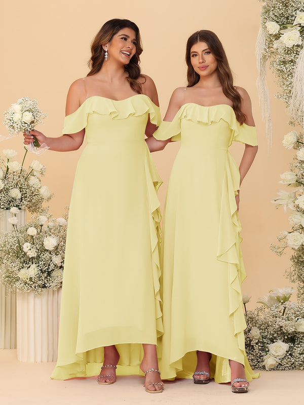 A-Line/Princess Off-the-Shoulder Spaghetti Straps Sleeveless Bridesmaid Dresses with Ruffles