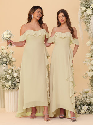 A-Line/Princess Off-the-Shoulder Spaghetti Straps Sleeveless Bridesmaid Dresses with Ruffles