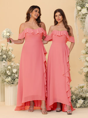 A-Line/Princess Off-the-Shoulder Spaghetti Straps Sleeveless Bridesmaid Dresses with Ruffles