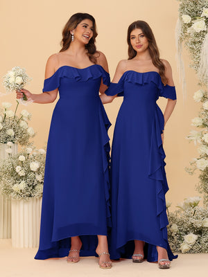 A-Line/Princess Off-the-Shoulder Spaghetti Straps Sleeveless Bridesmaid Dresses with Ruffles