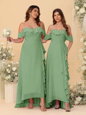 A-Line/Princess Off-the-Shoulder Spaghetti Straps Sleeveless Bridesmaid Dresses with Ruffles
