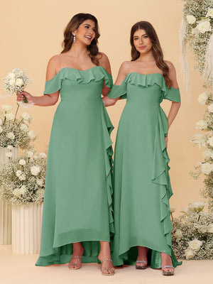 A-Line/Princess Off-the-Shoulder Spaghetti Straps Sleeveless Bridesmaid Dresses with Ruffles