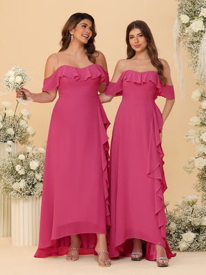 A-Line/Princess Off-the-Shoulder Spaghetti Straps Sleeveless Bridesmaid Dresses with Ruffles