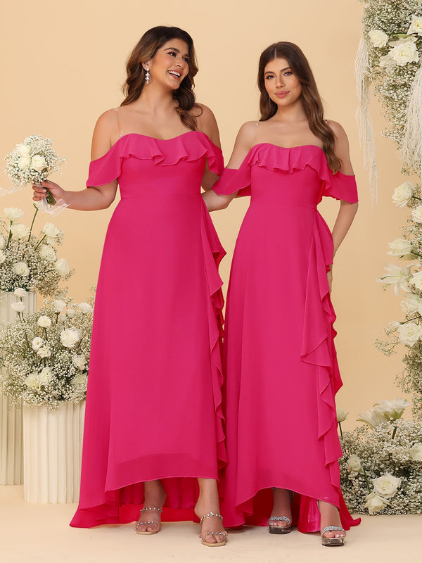 A-Line/Princess Off-the-Shoulder Spaghetti Straps Sleeveless Bridesmaid Dresses with Ruffles