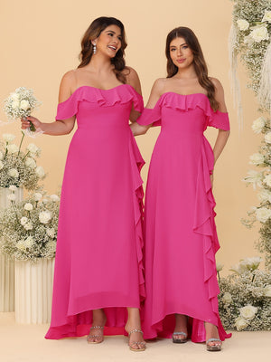 A-Line/Princess Off-the-Shoulder Spaghetti Straps Sleeveless Bridesmaid Dresses with Ruffles