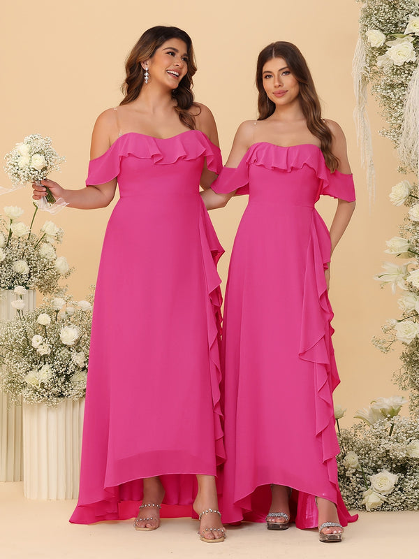 A-Line/Princess Off-the-Shoulder Spaghetti Straps Sleeveless Bridesmaid Dresses with Ruffles