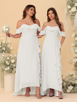 A-Line/Princess Off-the-Shoulder Spaghetti Straps Sleeveless Bridesmaid Dresses with Ruffles