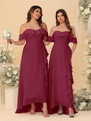 A-Line/Princess Off-the-Shoulder Spaghetti Straps Sleeveless Bridesmaid Dresses with Ruffles