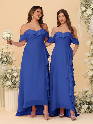 A-Line/Princess Off-the-Shoulder Spaghetti Straps Sleeveless Bridesmaid Dresses with Ruffles