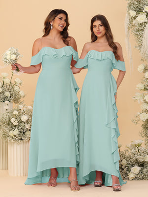 A-Line/Princess Off-the-Shoulder Spaghetti Straps Sleeveless Bridesmaid Dresses with Ruffles