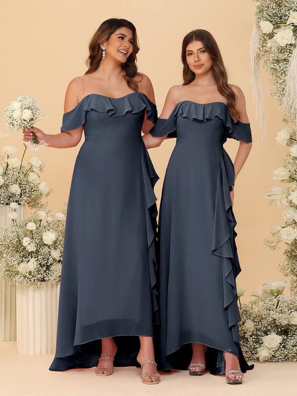 A-Line/Princess Off-the-Shoulder Spaghetti Straps Sleeveless Bridesmaid Dresses with Ruffles