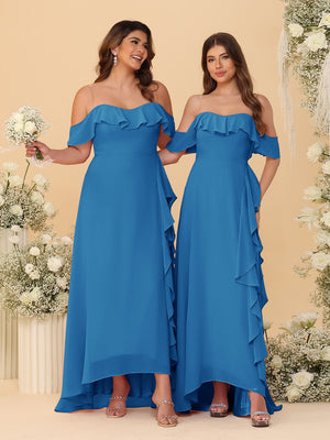 A-Line/Princess Off-the-Shoulder Spaghetti Straps Sleeveless Bridesmaid Dresses with Ruffles