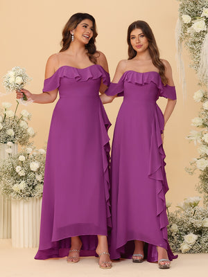 A-Line/Princess Off-the-Shoulder Spaghetti Straps Sleeveless Bridesmaid Dresses with Ruffles