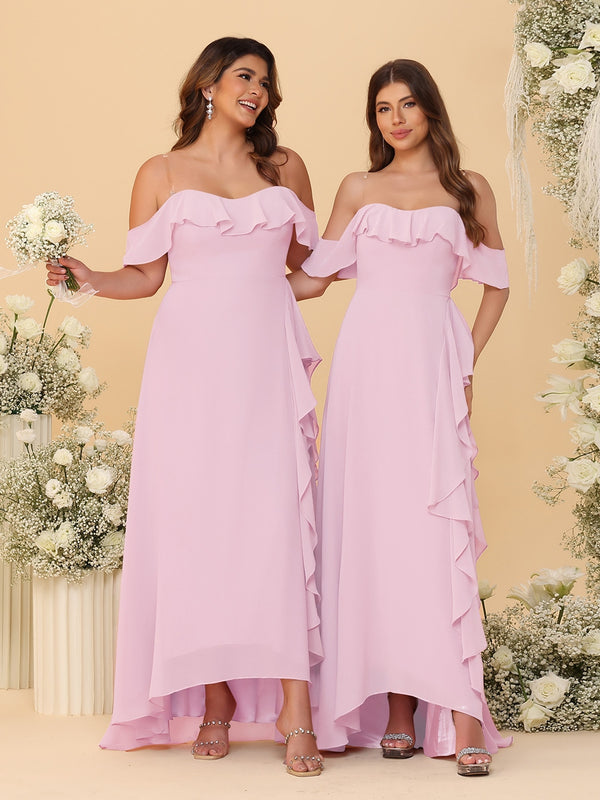A-Line/Princess Off-the-Shoulder Spaghetti Straps Sleeveless Bridesmaid Dresses with Ruffles