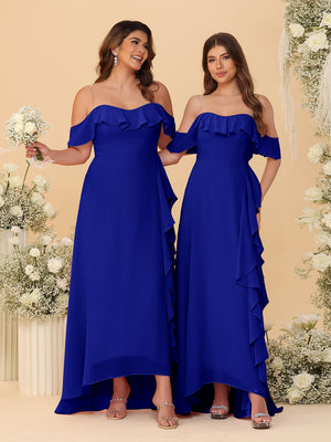 A-Line/Princess Off-the-Shoulder Spaghetti Straps Sleeveless Bridesmaid Dresses with Ruffles