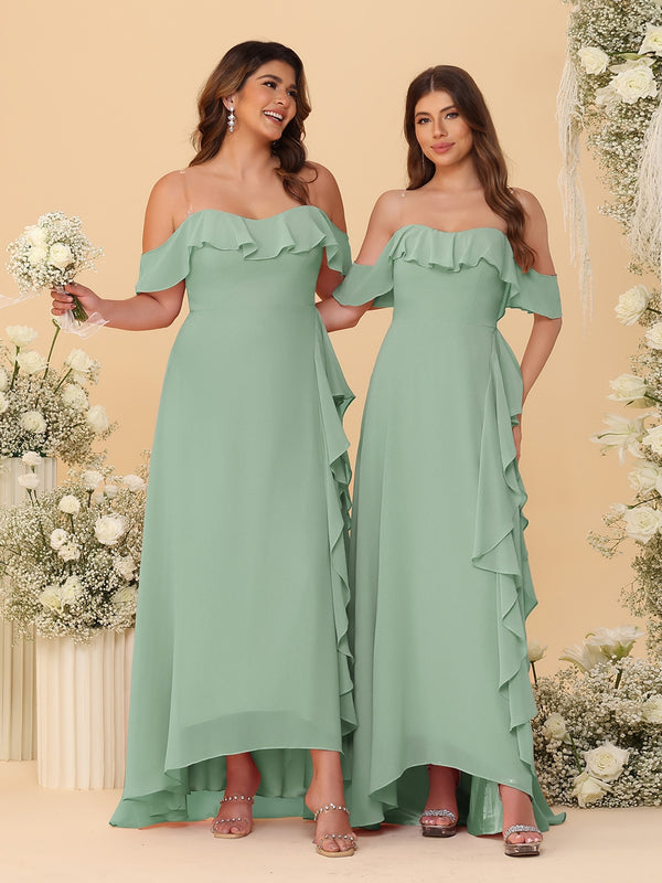 A-Line/Princess Off-the-Shoulder Spaghetti Straps Sleeveless Bridesmaid Dresses with Ruffles