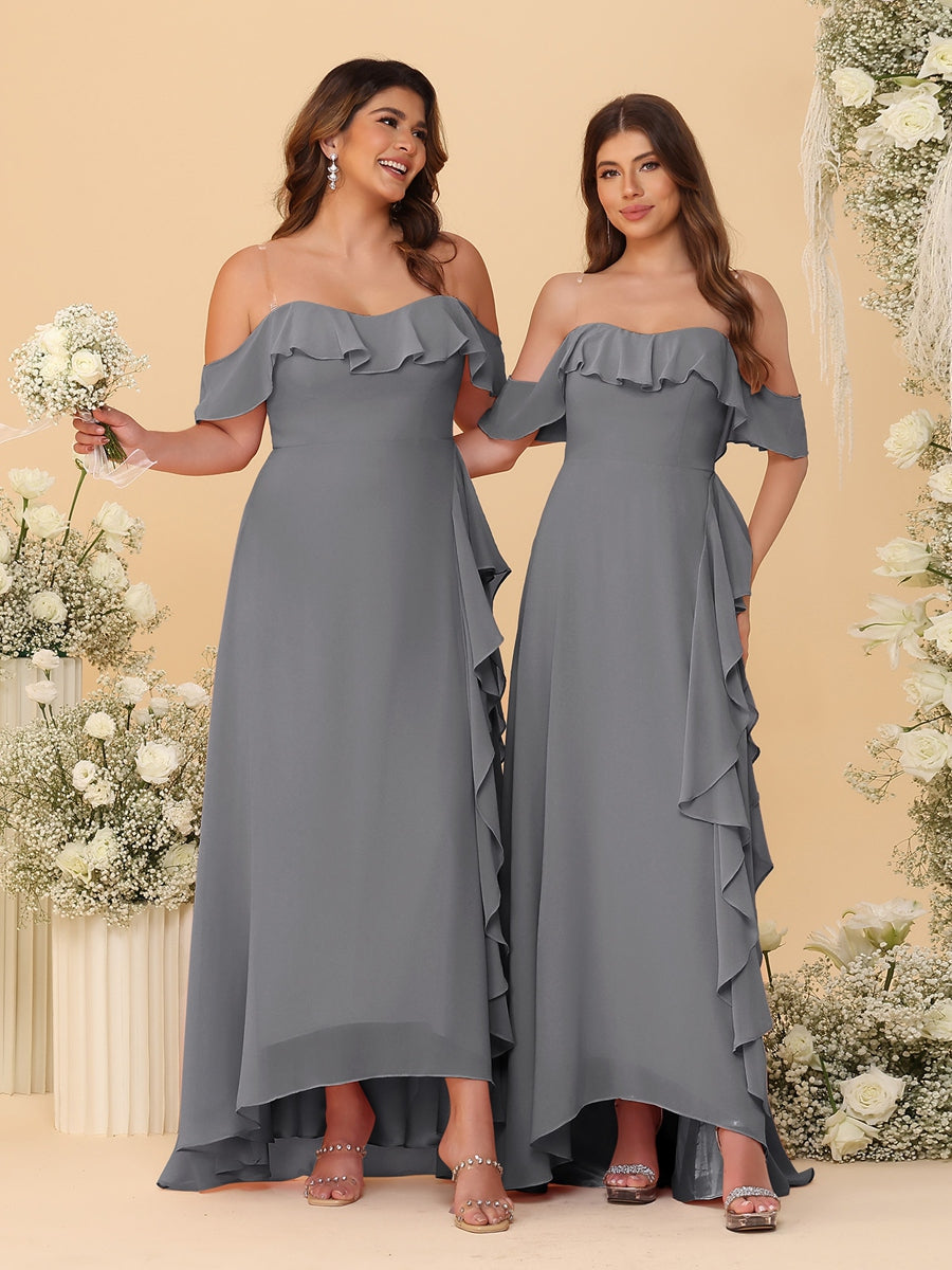 A-Line/Princess Off-the-Shoulder Spaghetti Straps Sleeveless Bridesmaid Dresses with Ruffles