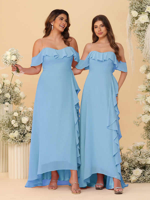 A-Line/Princess Off-the-Shoulder Spaghetti Straps Sleeveless Bridesmaid Dresses with Ruffles