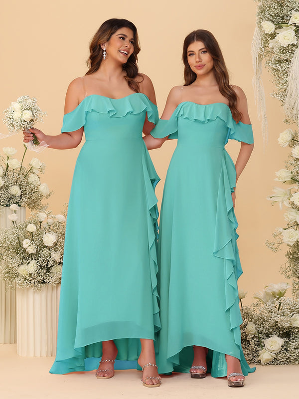 A-Line/Princess Off-the-Shoulder Spaghetti Straps Sleeveless Bridesmaid Dresses with Ruffles