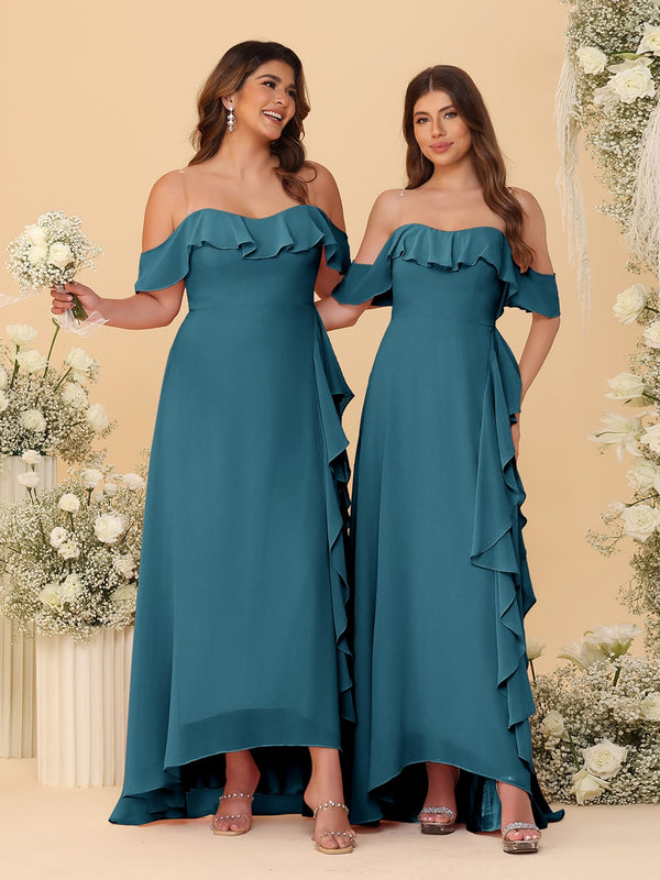 A-Line/Princess Off-the-Shoulder Spaghetti Straps Sleeveless Bridesmaid Dresses with Ruffles