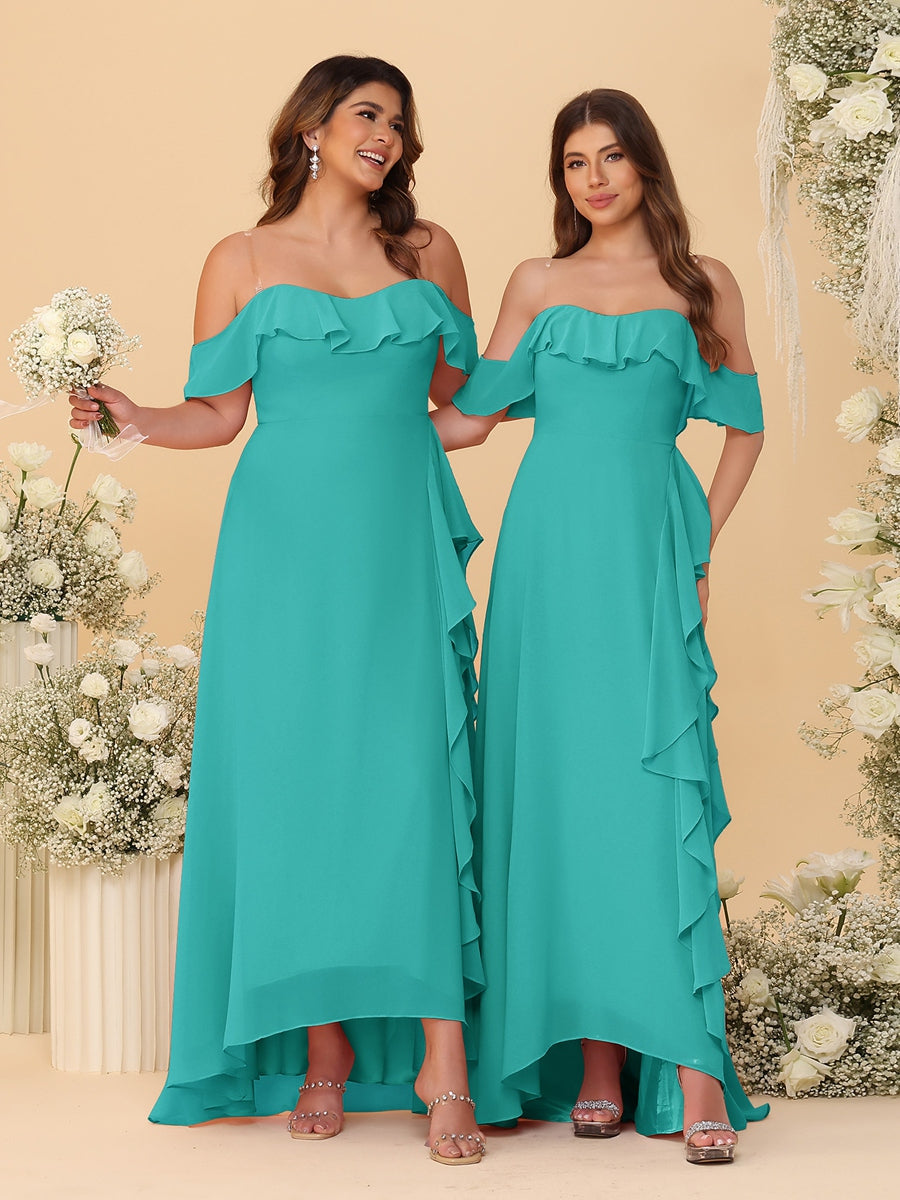 A-Line/Princess Off-the-Shoulder Spaghetti Straps Sleeveless Bridesmaid Dresses with Ruffles