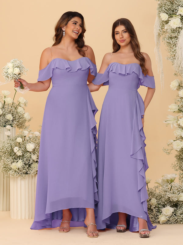 A-Line/Princess Off-the-Shoulder Spaghetti Straps Sleeveless Bridesmaid Dresses with Ruffles