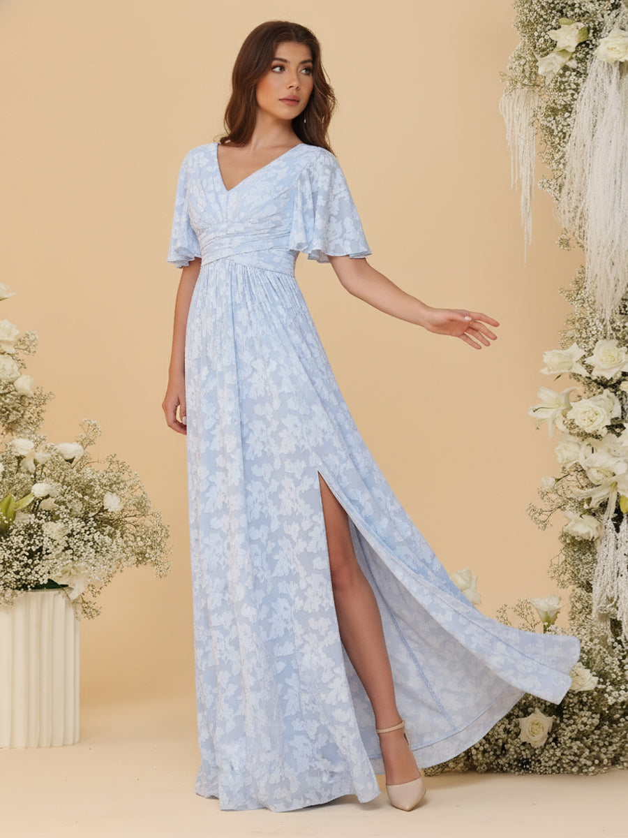 A-Line/Princess V-Neck Short Sleeves Long Bridesmaid Dresses