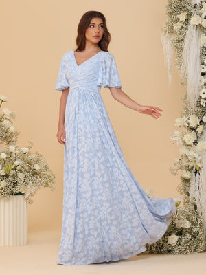 A-Line/Princess V-Neck Short Sleeves Long Bridesmaid Dresses