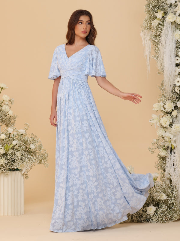 A-Line/Princess V-Neck Short Sleeves Long Bridesmaid Dresses