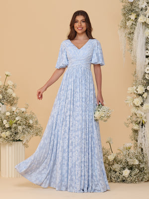 A-Line/Princess V-Neck Short Sleeves Long Bridesmaid Dresses