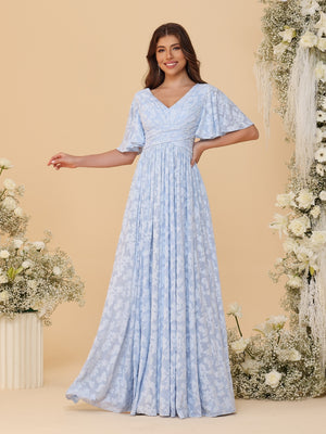 A-Line/Princess V-Neck Short Sleeves Long Bridesmaid Dresses