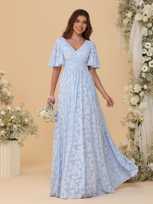 A-Line/Princess V-Neck Short Sleeves Long Bridesmaid Dresses