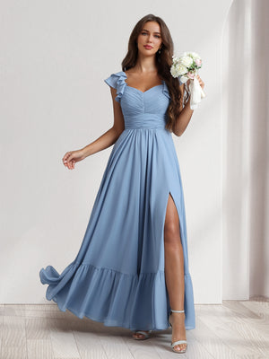 A-Line/Princess V-Neck Ankle-Length Bridesmaid Dresses With Ruffles & Split Side