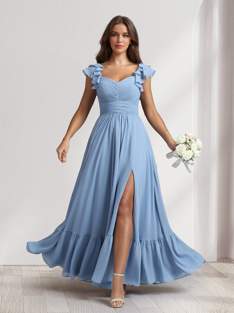 A-Line/Princess V-Neck Ankle-Length Bridesmaid Dresses With Ruffles & Split Side