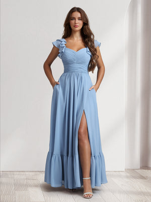 A-Line/Princess V-Neck Ankle-Length Bridesmaid Dresses With Ruffles & Split Side
