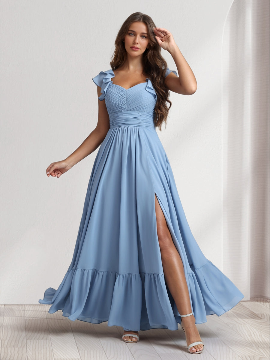 A-Line/Princess V-Neck Ankle-Length Bridesmaid Dresses With Ruffles &amp; Split Side