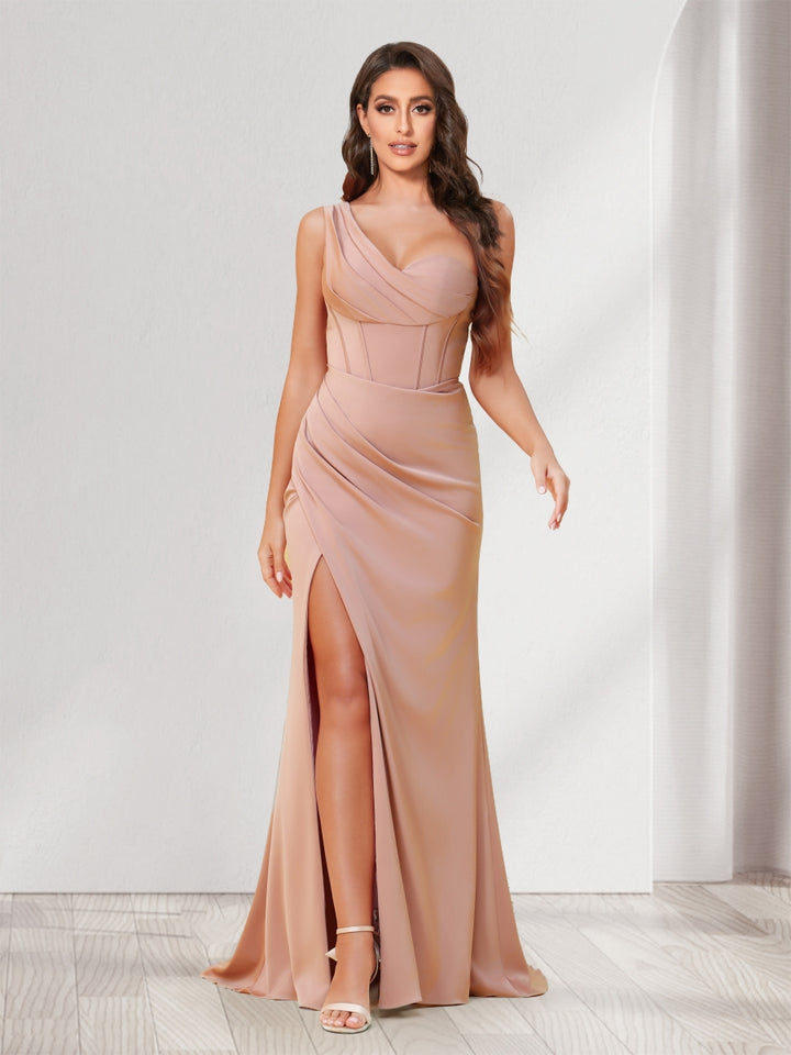 Trumpet/Mermaid One Shoulder Floor Length Ruched Bridesmaid Dresses with Split Side