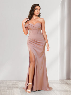 Trumpet/Mermaid One Shoulder Floor Length Ruched Bridesmaid Dresses with Split Side