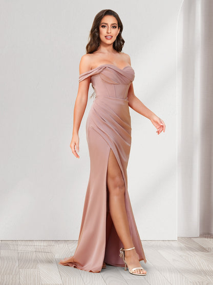 Trumpet/Mermaid One Shoulder Floor Length Ruched Bridesmaid Dresses with Split Side