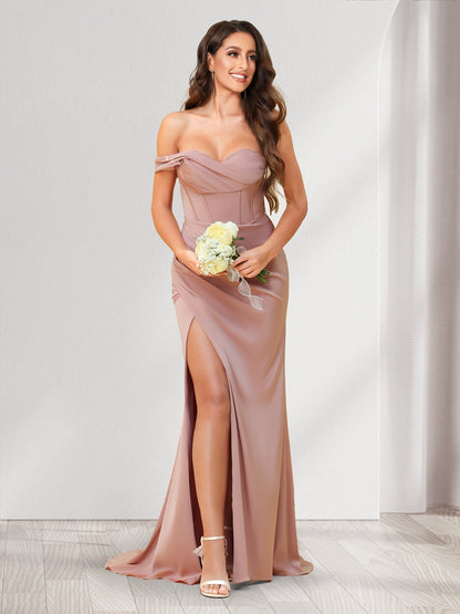 Trumpet/Mermaid One Shoulder Floor Length Ruched Bridesmaid Dresses with Split Side